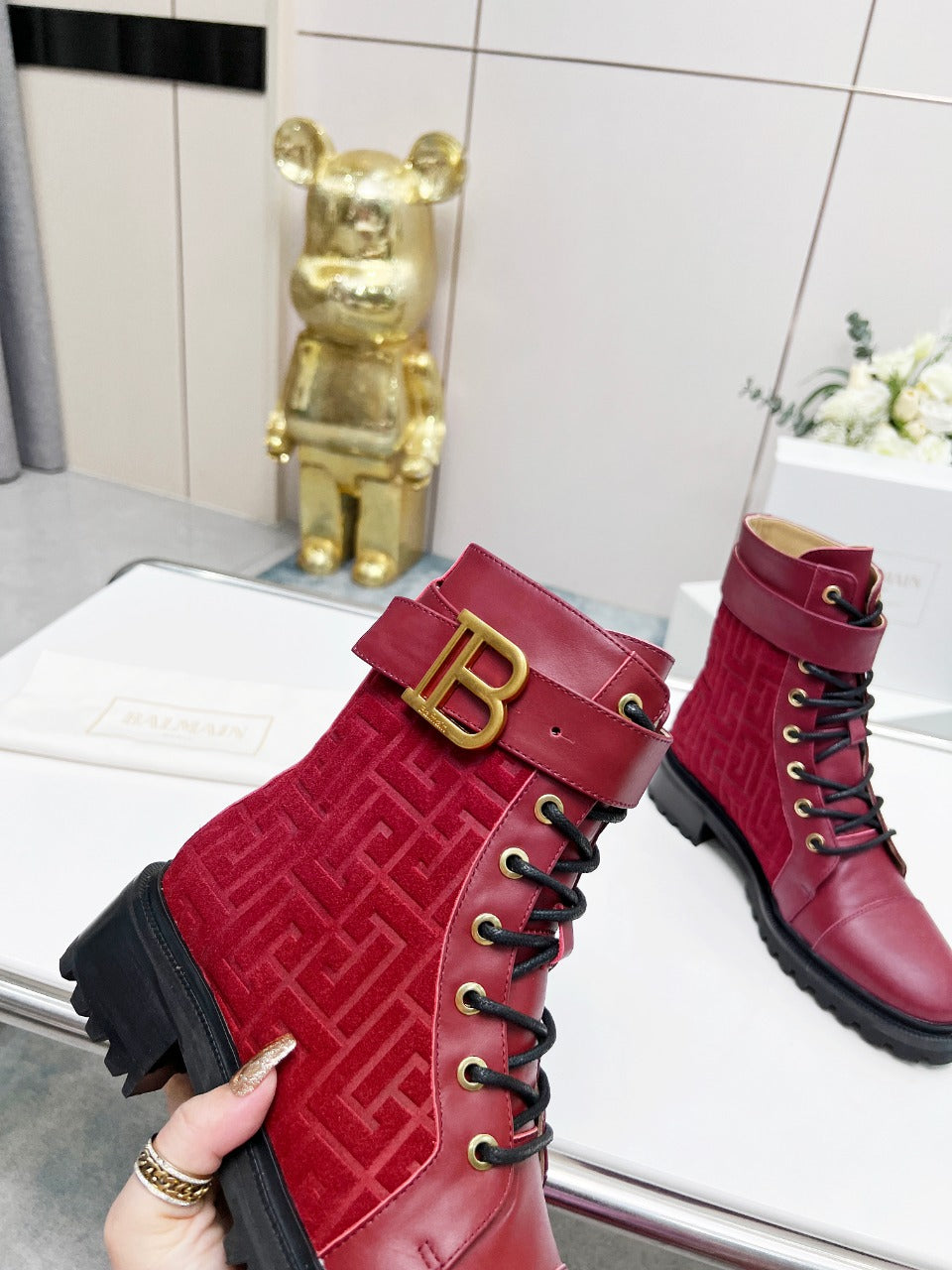 ЧОБОТИ BALMAIN 26S З ТЕМНО-ЧЕРВОНОЇ ТЕЛЯЧОЇ ШКІРИ ТА ЗАМШІ