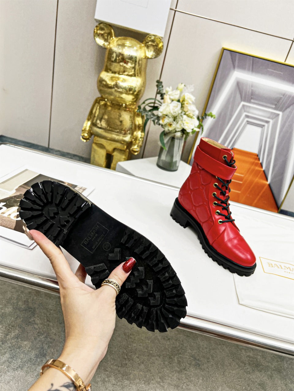 БОЙОВІ ЧЕРЕВИКИ BALMAIN 26S З ЧЕРВОНОЇ ТЕЛЯЧОЇ ШКІРИ