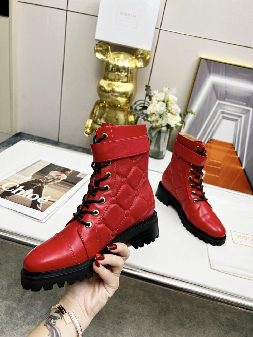 БОЙОВІ ЧЕРЕВИКИ BALMAIN 26S З ЧЕРВОНОЇ ТЕЛЯЧОЇ ШКІРИ