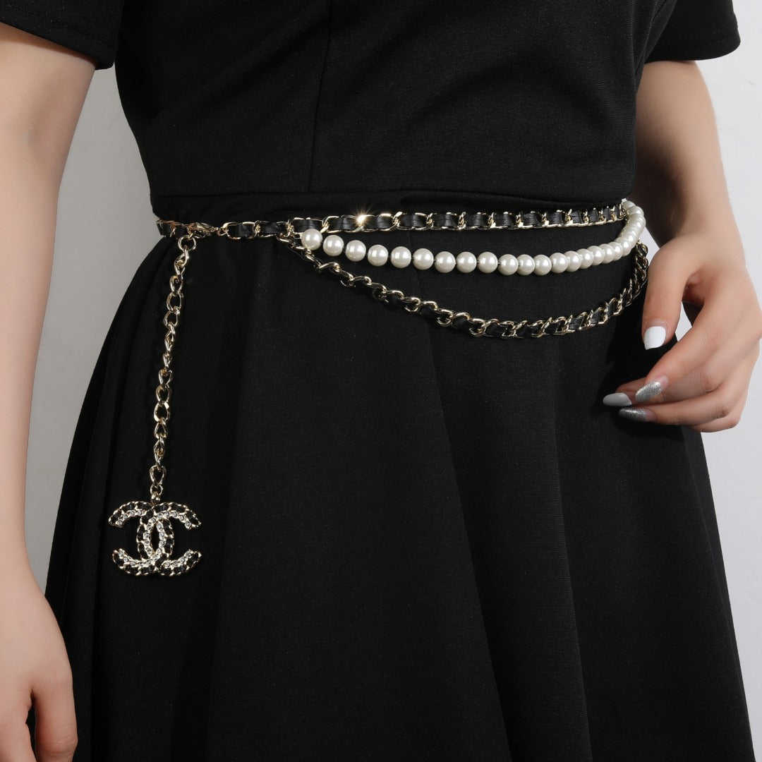 CHANEL 25S CHAIN BELT IN WHITE PEARL AND BLACK CALFSKIN 612711 - 30