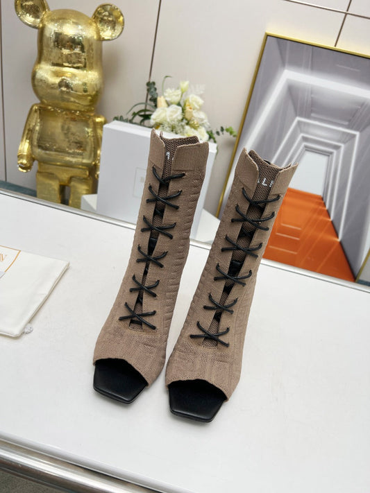 BALMAIN 26S ЧЕРЕВИКИ НА ШНУРІВЦІ З ВІДКРИТИМ НОСКОМ 95 ММ З СІРУВАТО-КОРИЧНЕВОГО ТРИКОТАЖУ FLYKNIT