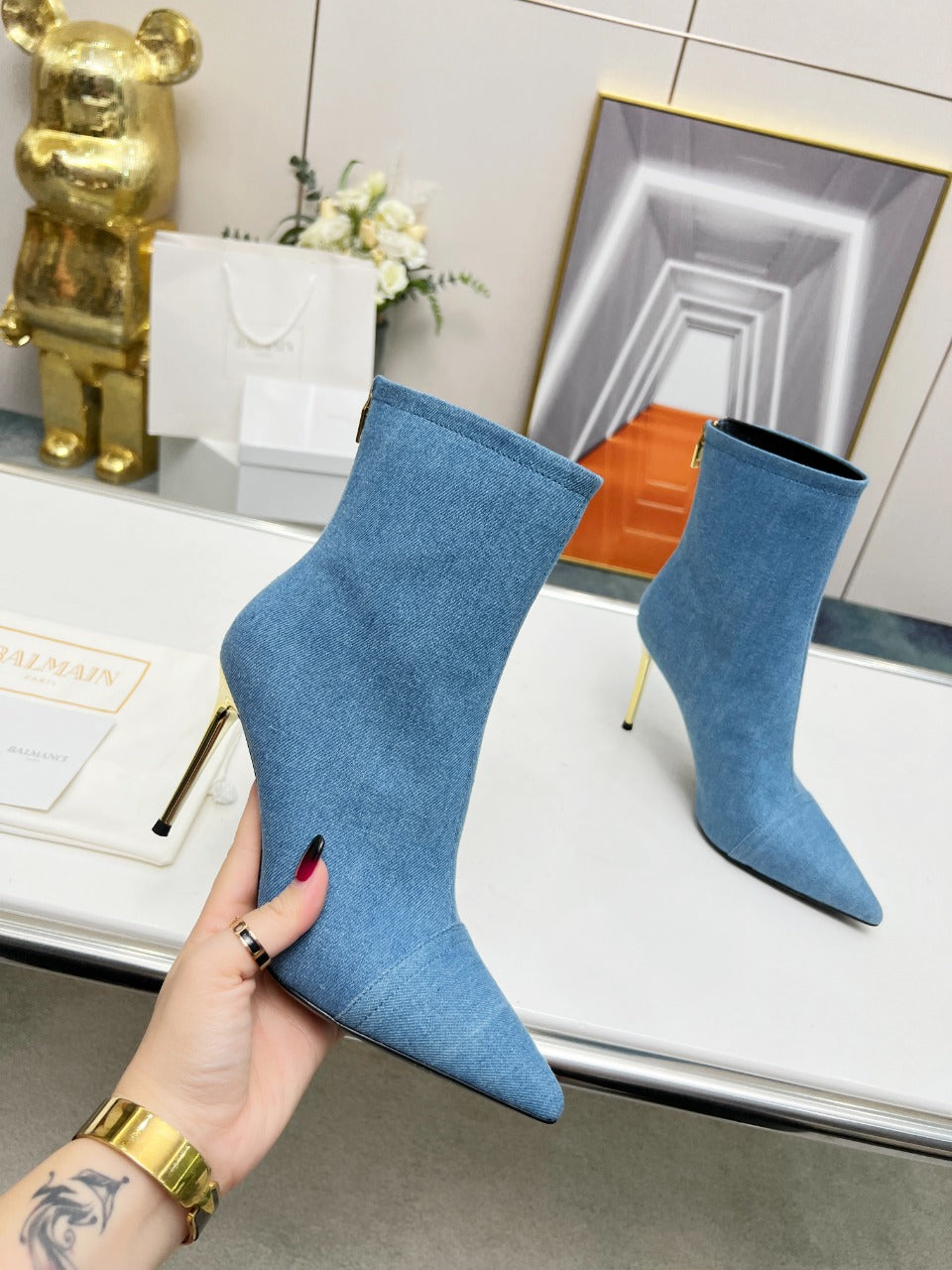 BALMAIN 26S ЧОБОТИ 95 ММ З СИНЬОГО ДЕНІМУ