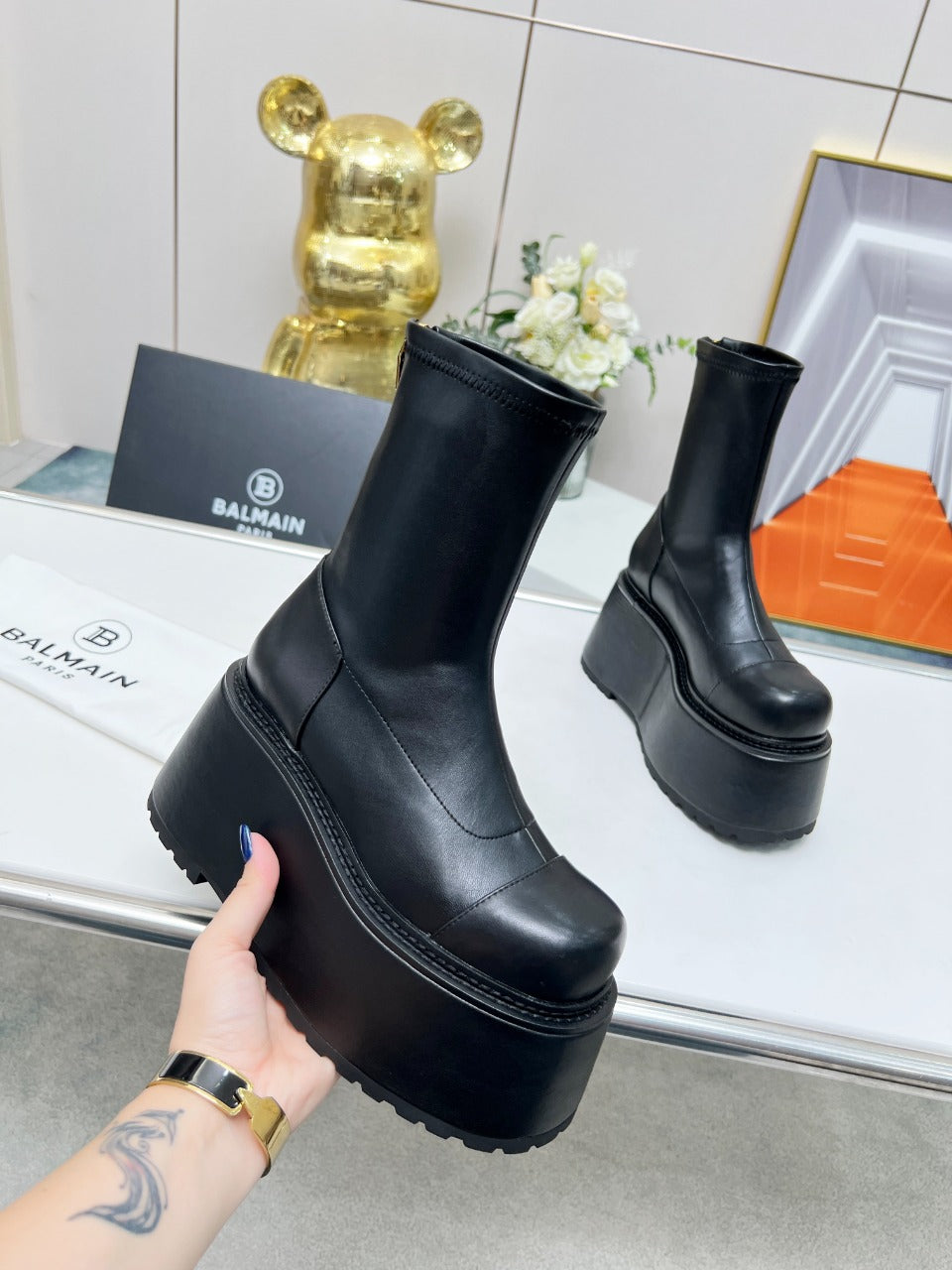 ЧЕРЕВИКИ BALMAIN 26S НА ПЛАТФОРМІ, 100 ММ, З ЧОРНОЇ ТЕЛЯЧОЇ ШКІРИ