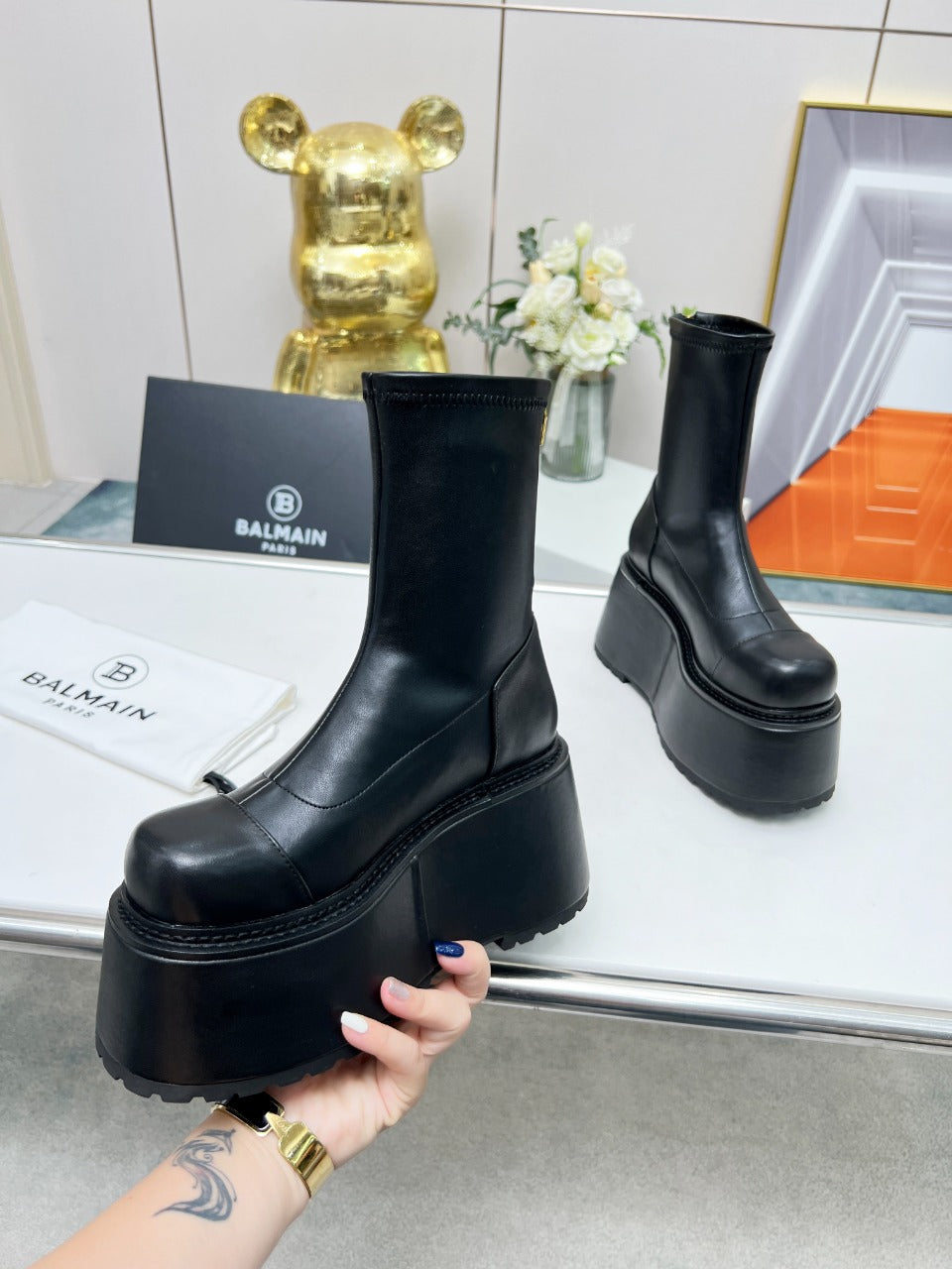 ЧЕРЕВИКИ BALMAIN 26S НА ПЛАТФОРМІ, 100 ММ, З ЧОРНОЇ ТЕЛЯЧОЇ ШКІРИ