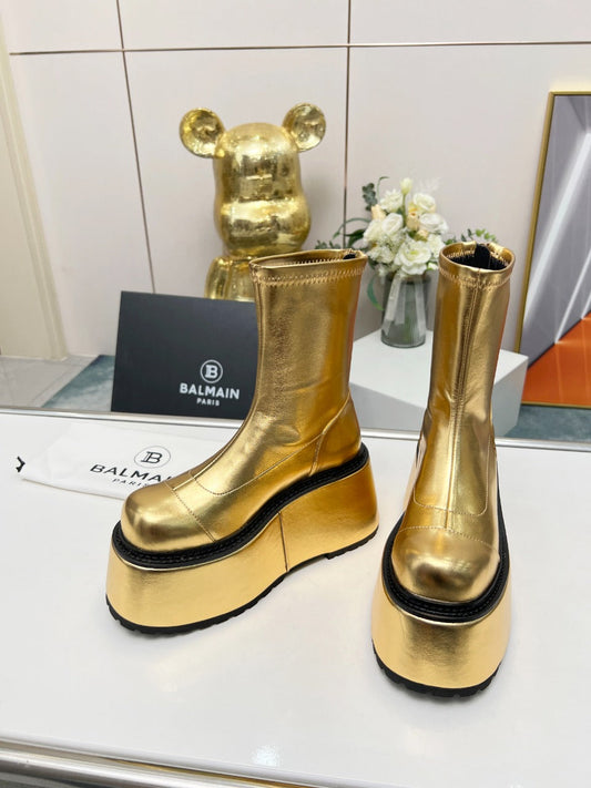 ЧЕРЕВИКИ BALMAIN 26S НА ПЛАТФОРМІ, 100 ММ, ІЗ ЗОЛОТИСТОЇ МЕТАЛІЗОВАНОЇ ТЕЛЯЧОЇ ШКІРИ