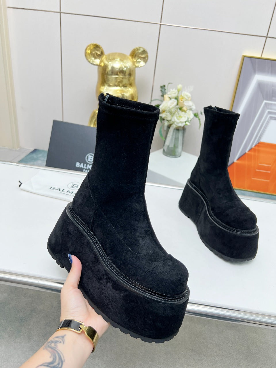 ЧОБОТИ-ПЛАТФОРМИ BALMAIN 26S 100 ММ ІЗ ЧОРНОЇ ЗАМШІ
