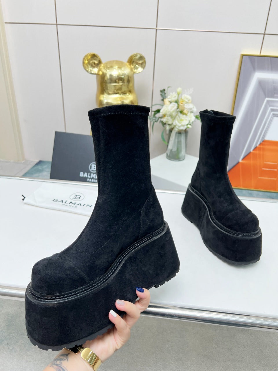 ЧОБОТИ-ПЛАТФОРМИ BALMAIN 26S 100 ММ ІЗ ЧОРНОЇ ЗАМШІ