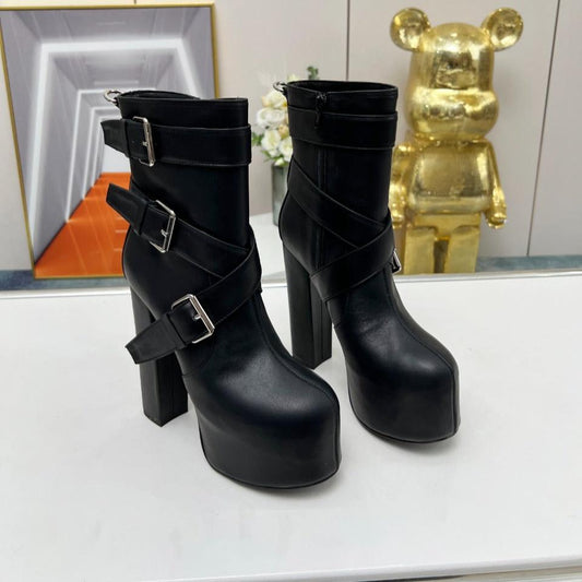 SL ANKLE BUCKLE BOOT PLATFORM BLACK SMOOTH CALFSKIN - 35
