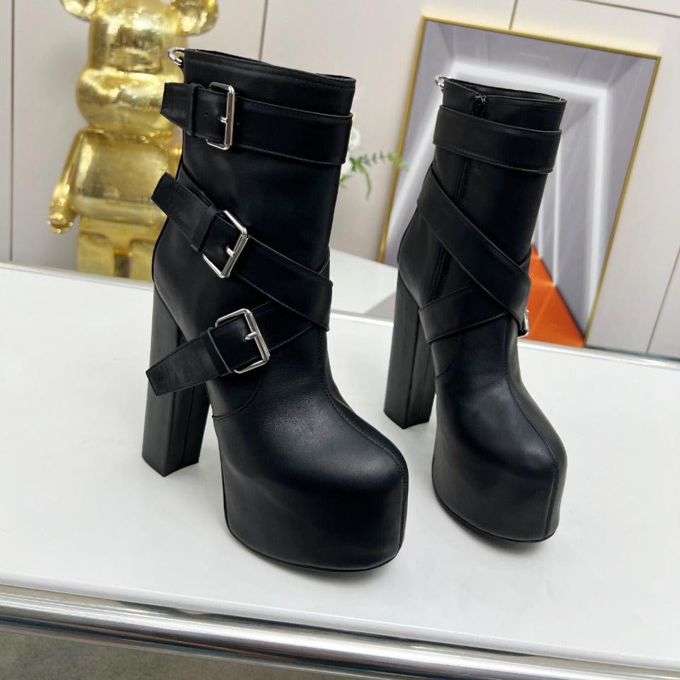 SL ANKLE BUCKLE BOOT PLATFORM BLACK SMOOTH CALFSKIN - 35