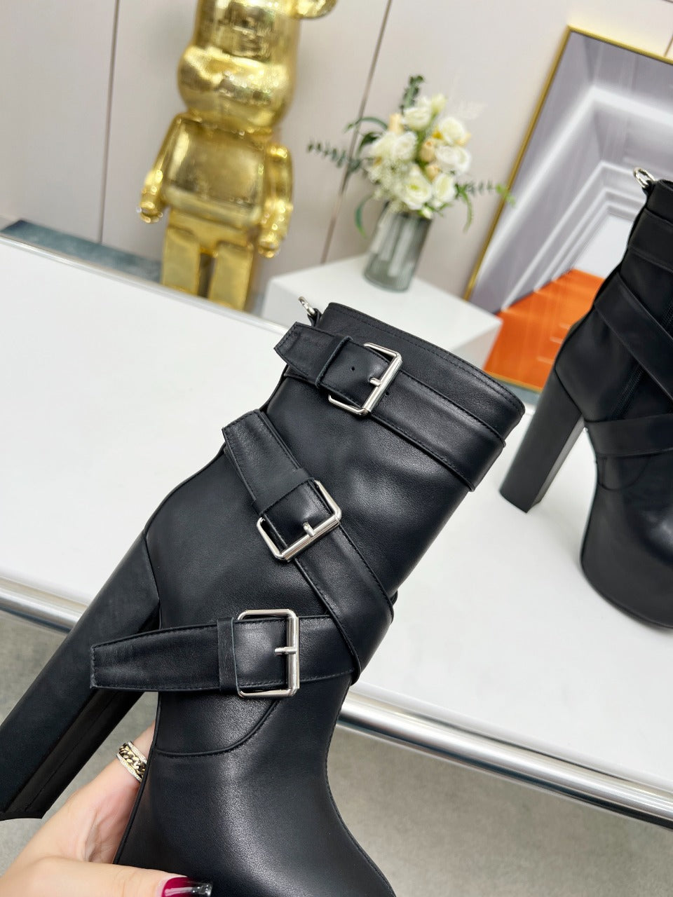 SL ANKLE BUCKLE BOOT PLATFORM BLACK SMOOTH CALFSKIN - 35