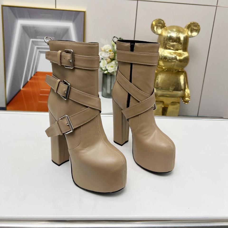 SL ANKLE BUCKLE BOOT PLATFORM TAN CALFSKIN - 35