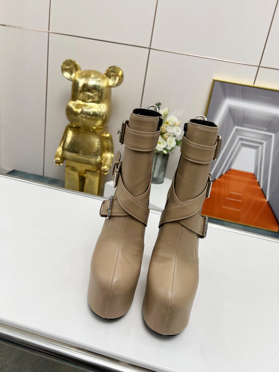 SL ANKLE BUCKLE BOOT PLATFORM TAN CALFSKIN - 35