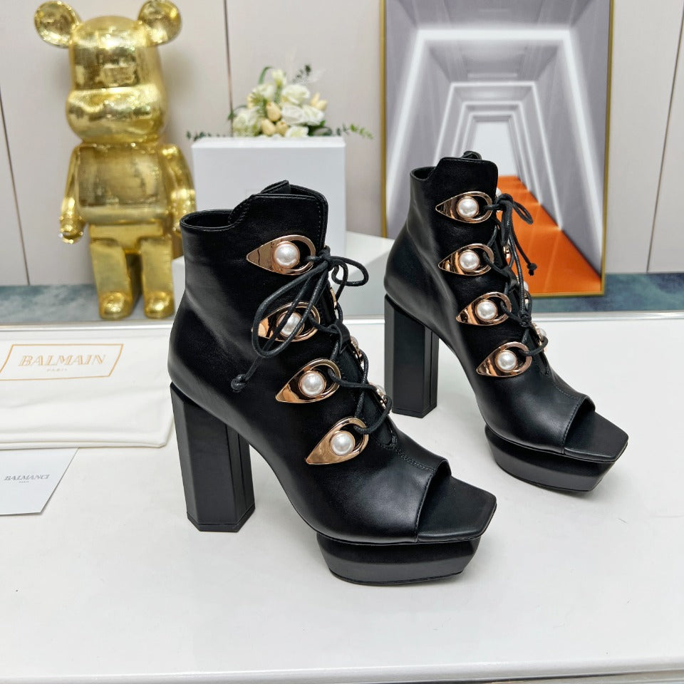BALMAIN 26S ВІДКРИТІ ЧЕРЕВИКИ 115 ММ З ЧОРНОЇ ТЕЛЯЧОЇ ШКІРИ, ПРИКРАШЕНІ ПЕРЛАМИ