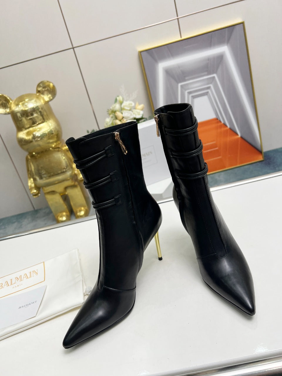ЧОБОТИ BALMAIN 26S НА ВИСОКИХ ПІДБОРАХ 95 ММ З ЧОРНОЇ ОВЕЧОЇ ШКІРИ