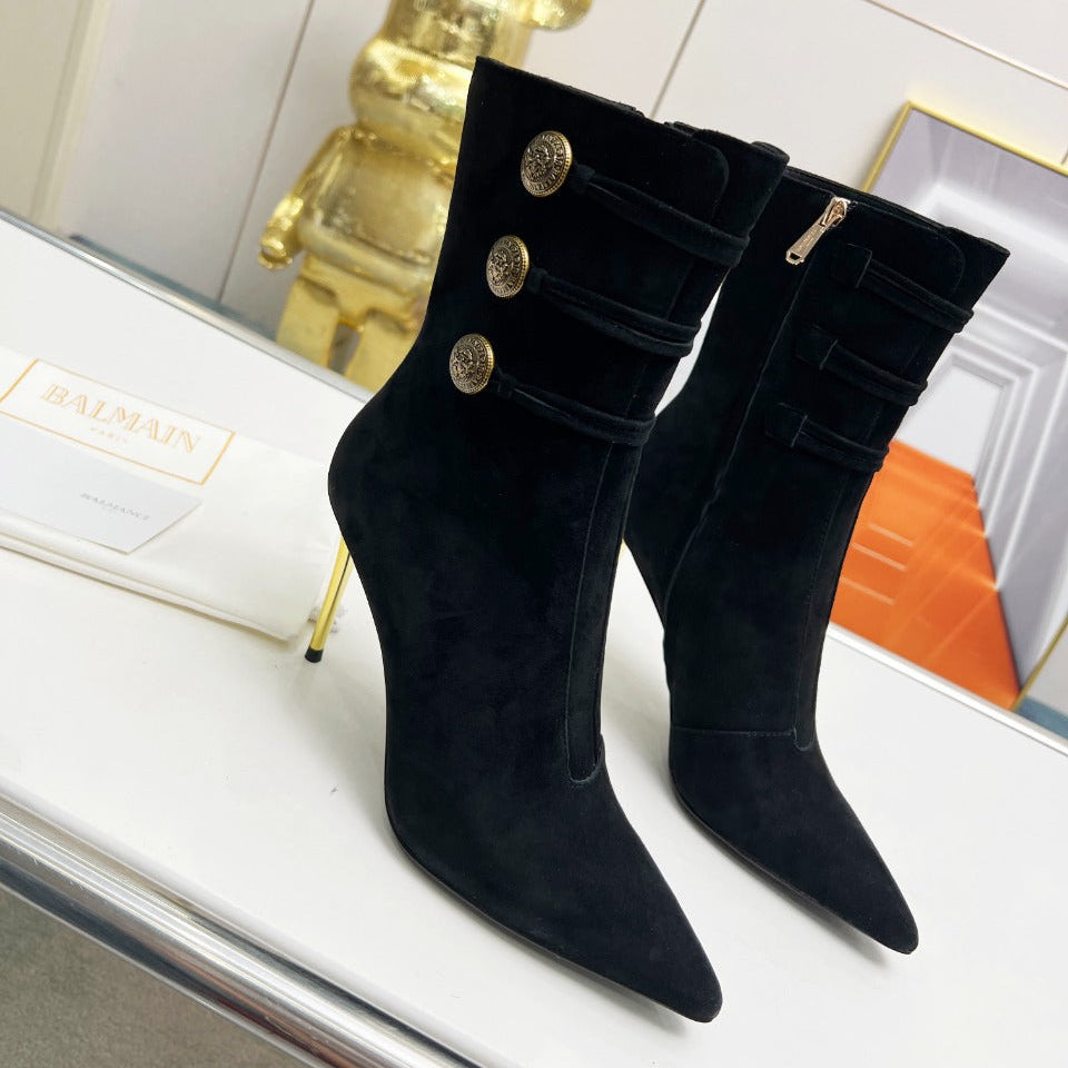 ЧОБОТИ BALMAIN 26S НА ВИСОКИХ ПІДБОРАХ 95 ММ З ЧОРНОЇ ЗАМШІ