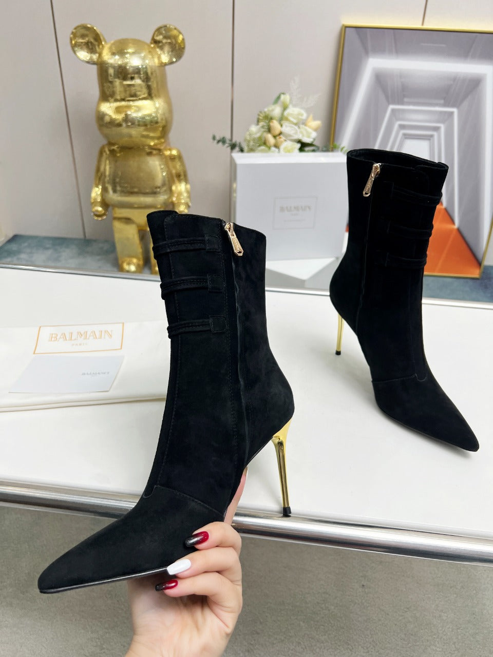 ЧОБОТИ BALMAIN 26S НА ВИСОКИХ ПІДБОРАХ 95 ММ З ЧОРНОЇ ЗАМШІ