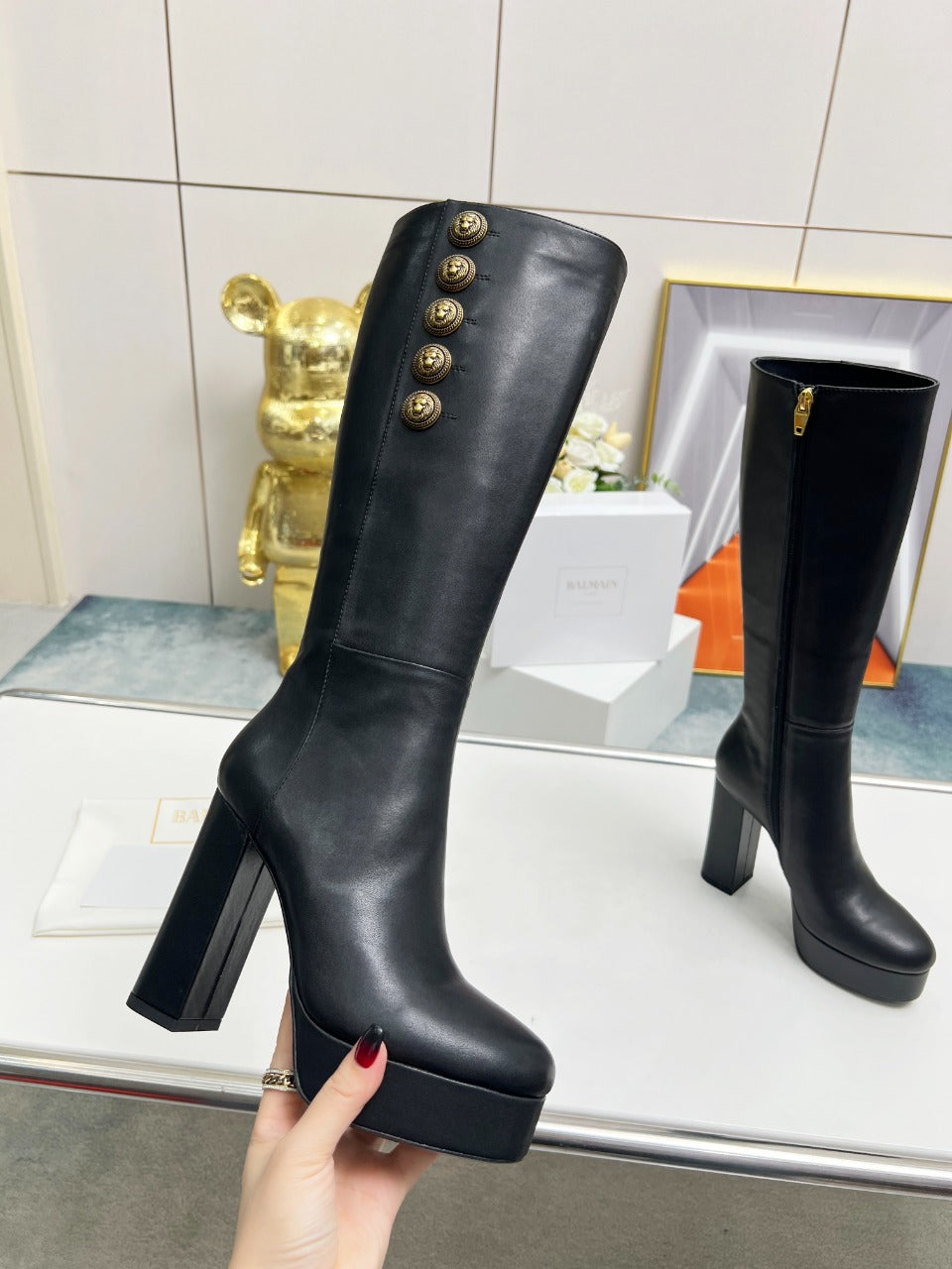 ЧОБОТИ-ТРУБИ BALMAIN 26S, 115 ММ, З ЧОРНОЇ ТЕЛЯЧОЇ ШКІРИ