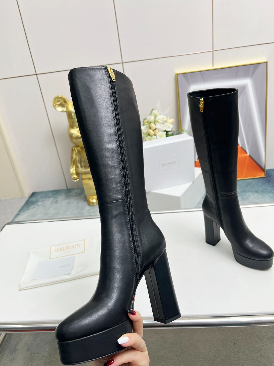 ЧОБОТИ-ТРУБИ BALMAIN 26S, 115 ММ, З ЧОРНОЇ ТЕЛЯЧОЇ ШКІРИ