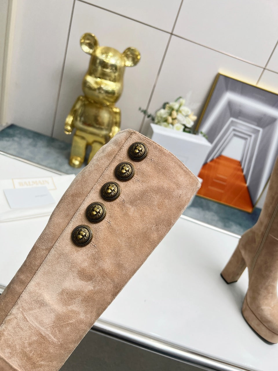 BALMAIN 26S ВИСОКІ ЧОБОТИ 115 ММ З ТЕПЛОЇ БЕЖЕВОЇ ЗАМШІ