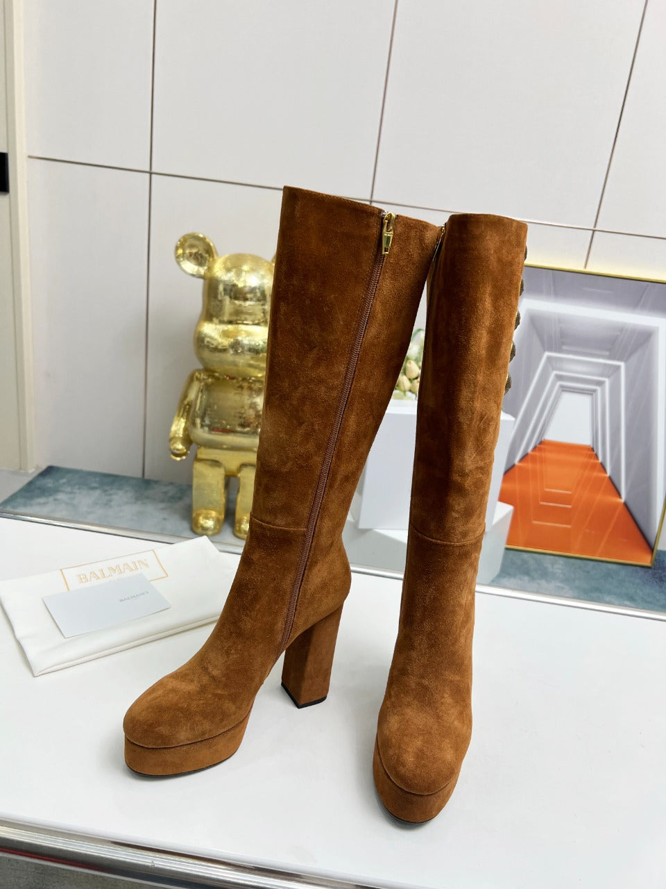 ВИСОКІ ЧОБОТИ BALMAIN 26S 115 ММ З КОРИЧНЕВОЇ ЗАМШІ