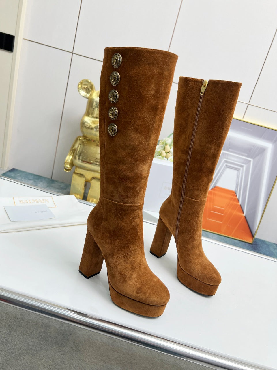 ВИСОКІ ЧОБОТИ BALMAIN 26S 115 ММ З КОРИЧНЕВОЇ ЗАМШІ