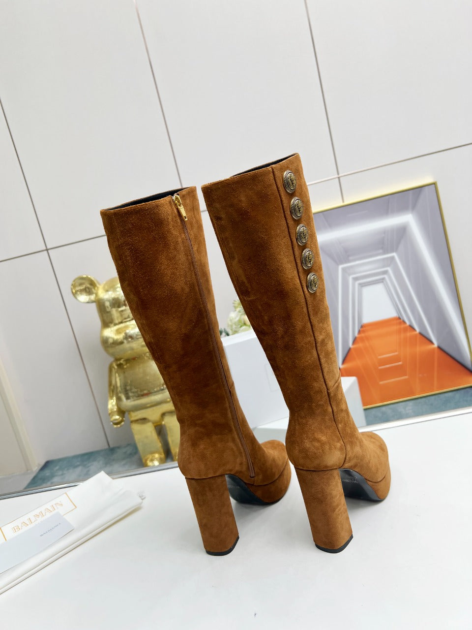 ВИСОКІ ЧОБОТИ BALMAIN 26S 115 ММ З КОРИЧНЕВОЇ ЗАМШІ