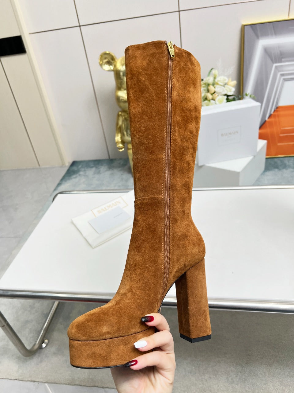 ВИСОКІ ЧОБОТИ BALMAIN 26S 115 ММ З КОРИЧНЕВОЇ ЗАМШІ