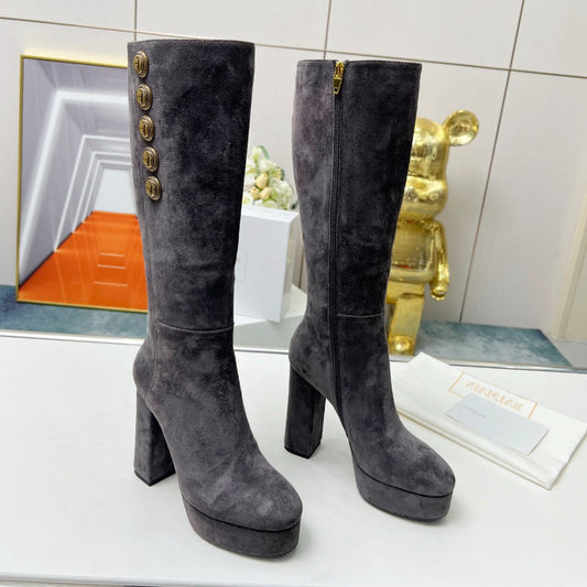 ВИСОКІ ЧОБОТИ BALMAIN 26S, 115 ММ, ІЗ ТЕМНО-СІРОЇ ЗАМШІ