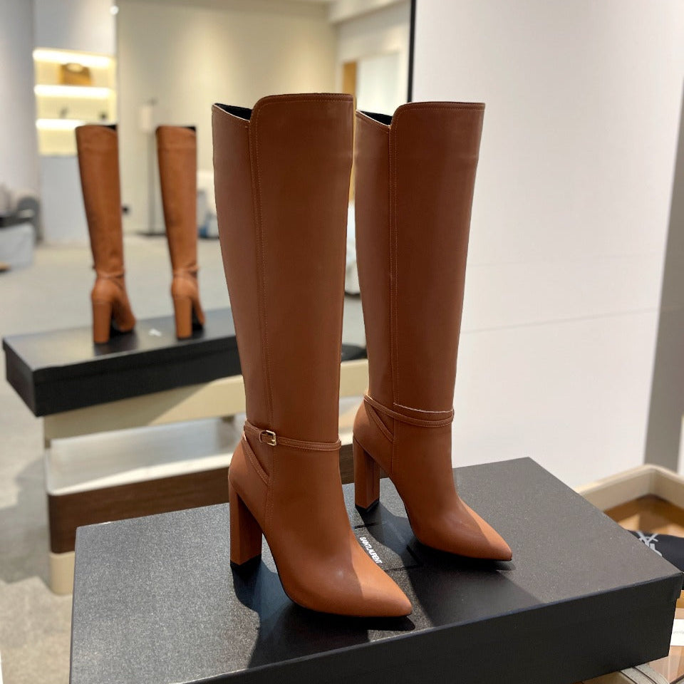 YSL 25S HIGH-HEEL KNEE-HIGH BOOTS 95 MM IN RUST BROWN LAMBSKIN - 35