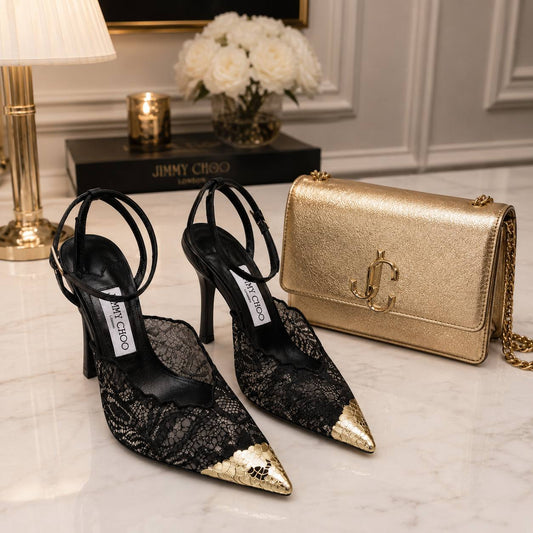 JIMMY CHOO BLACK LACE HEELS WITH GOLD TOE
