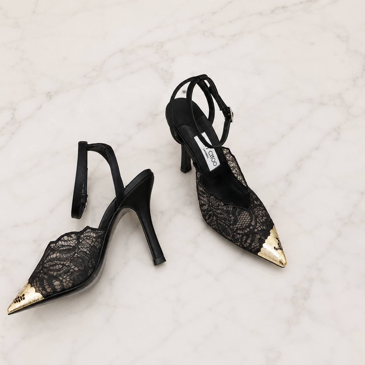 JIMMY CHOO BLACK LACE HEELS WITH GOLD TOE