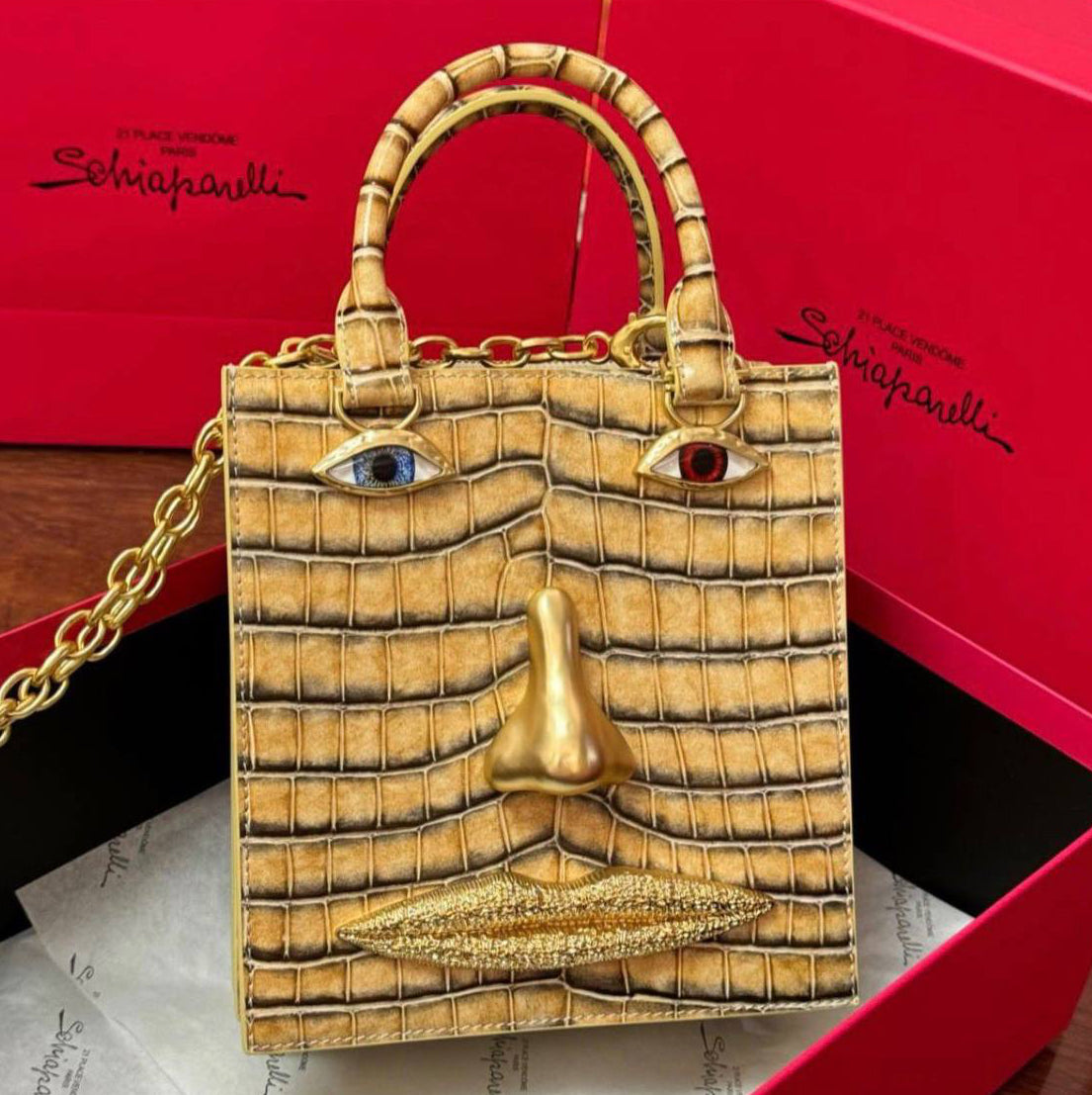 SCHIAPARELLI FACE CROCODILE EMBOSSED MINI BAG
