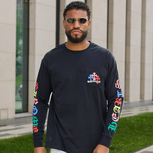 Chrome Hearts Black Multicolor Cross Long-Sleeve T-Shirt with Gothic Sleeve Logo