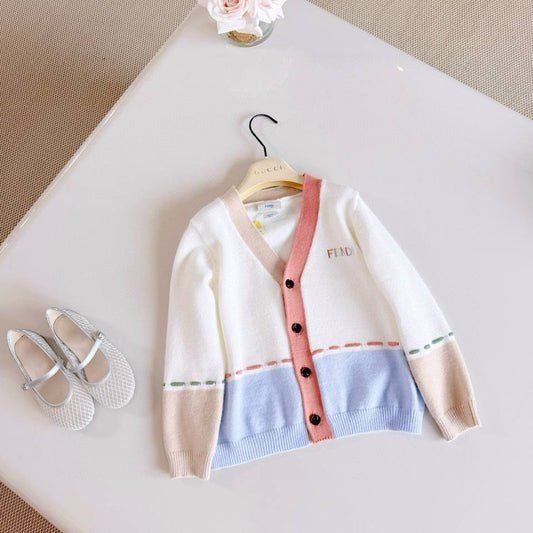 Fendi Kids Color-Block Logo Cardigan – White, Coral & Light Blue