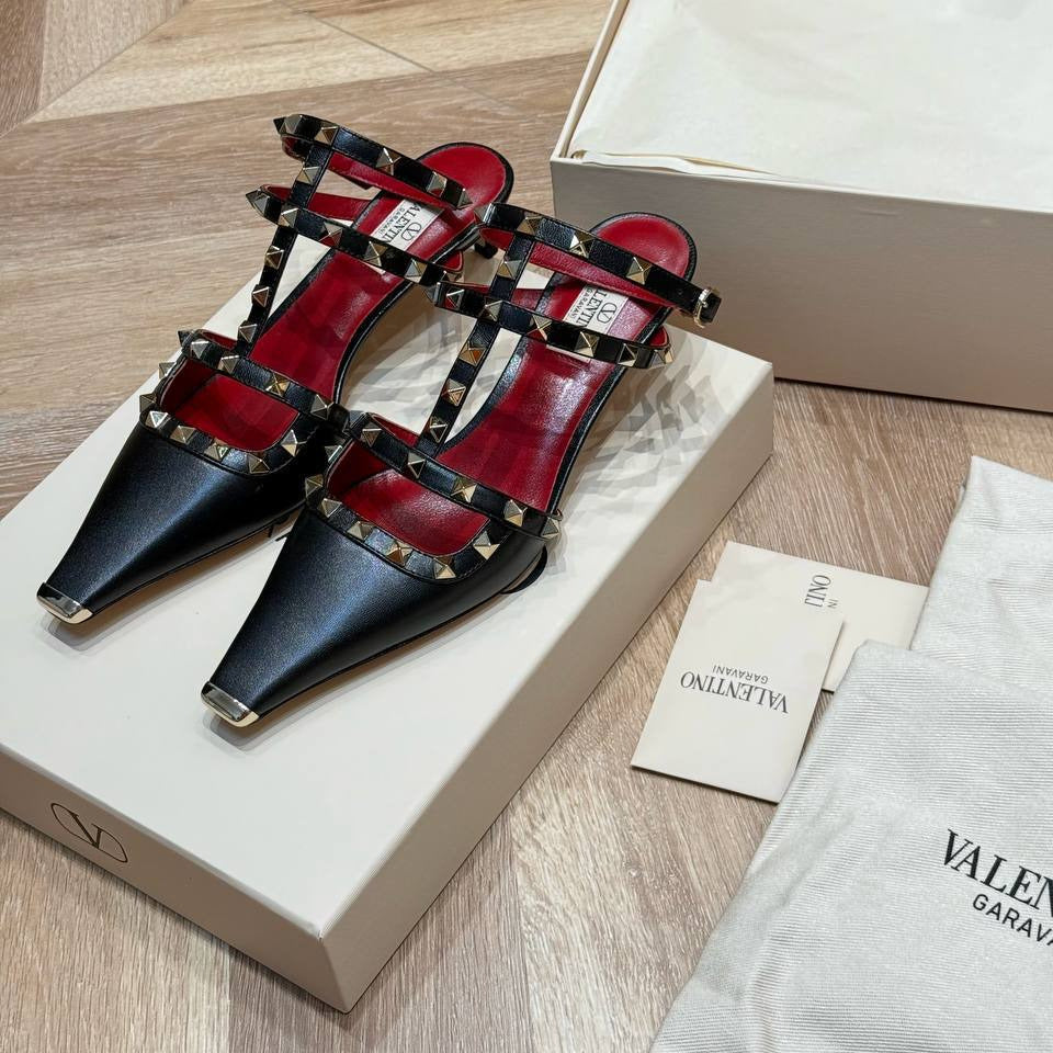 Valentino Studded Plaid Slingback Heels – Red & Black