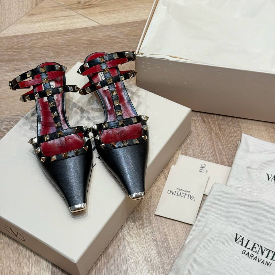 Valentino Studded Plaid Slingback Heels – Red & Black