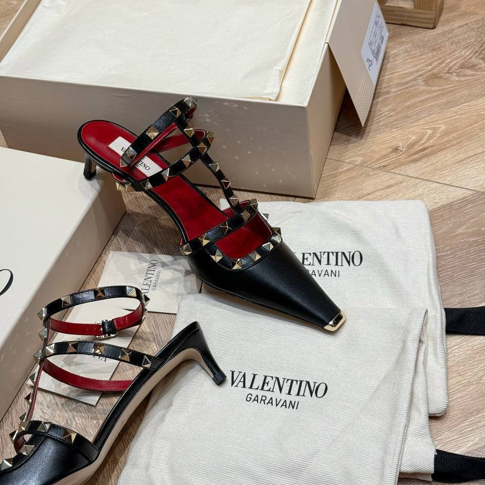Valentino Studded Plaid Slingback Heels – Red & Black