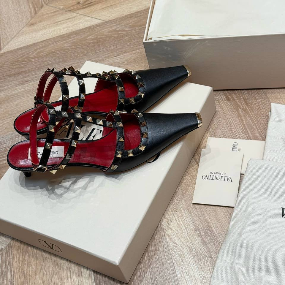 Valentino Studded Plaid Slingback Heels – Red & Black