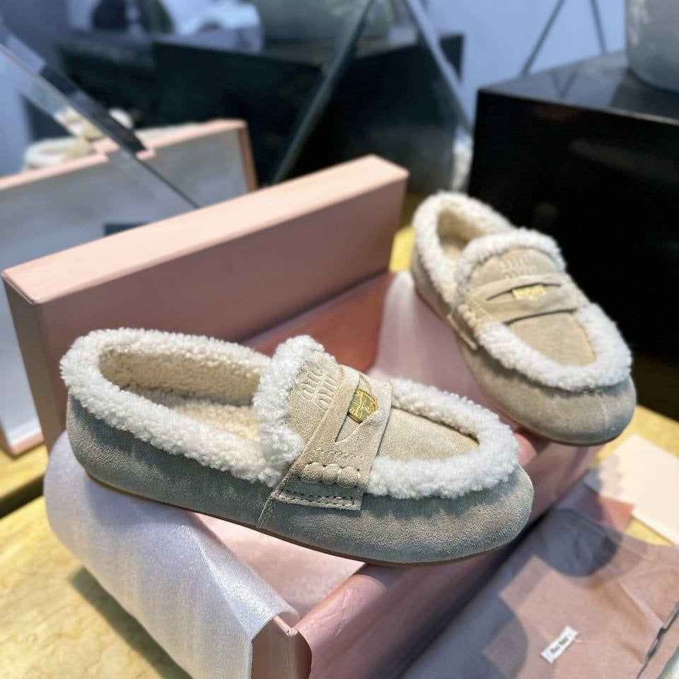 Miu Miu Shearling Loafers – Grey & Cream
