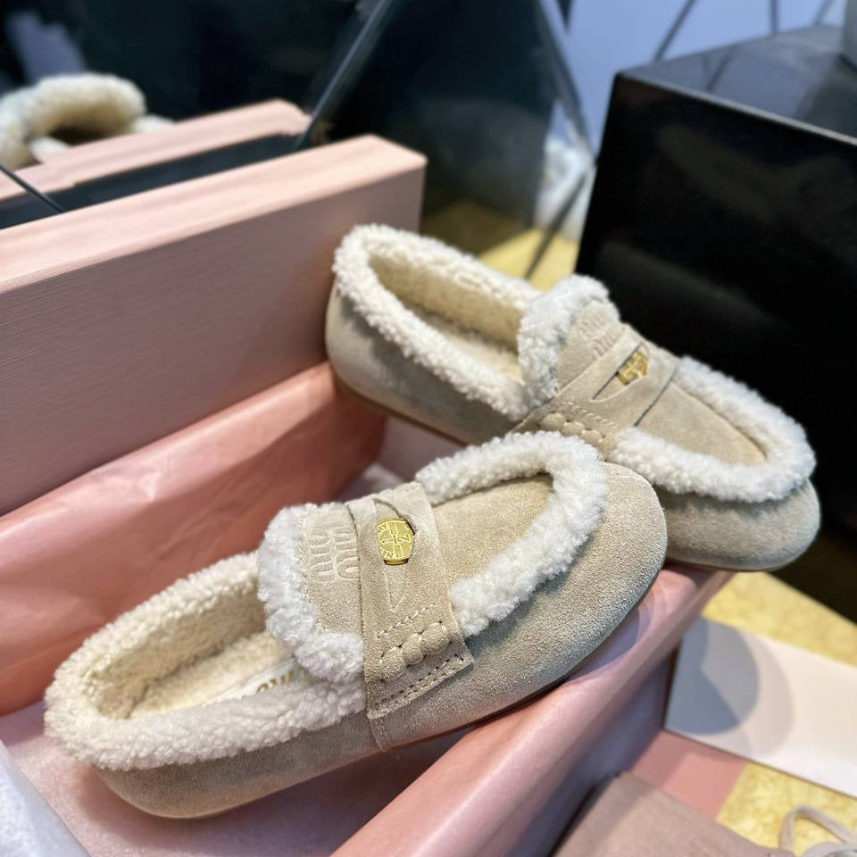 Miu Miu Shearling Loafers – Grey & Cream