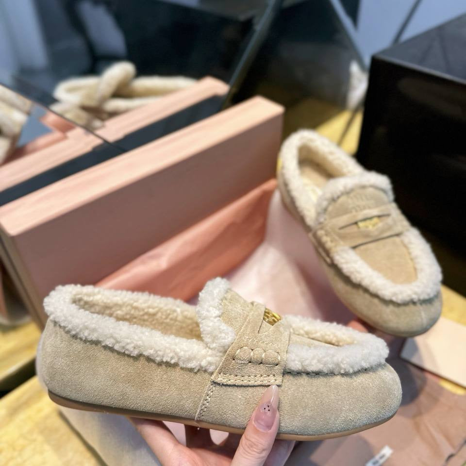 Miu Miu Shearling Loafers – Grey & Cream