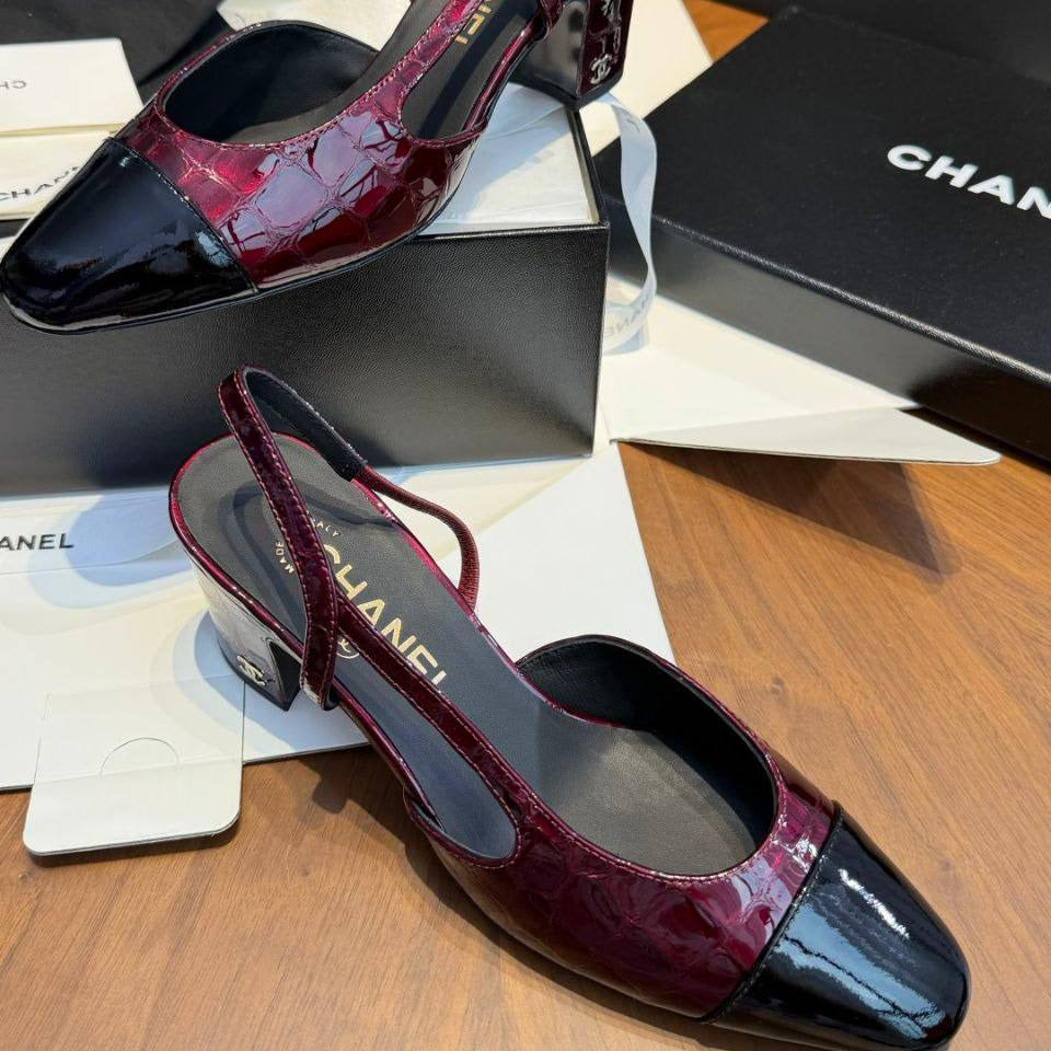 Chanel Crocodile-Embossed Slingback Heels – Dark Burgundy & Black