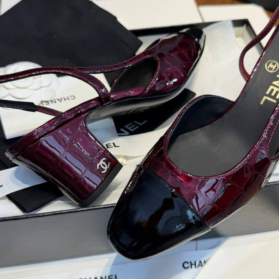 Chanel Crocodile-Embossed Slingback Heels – Dark Burgundy & Black