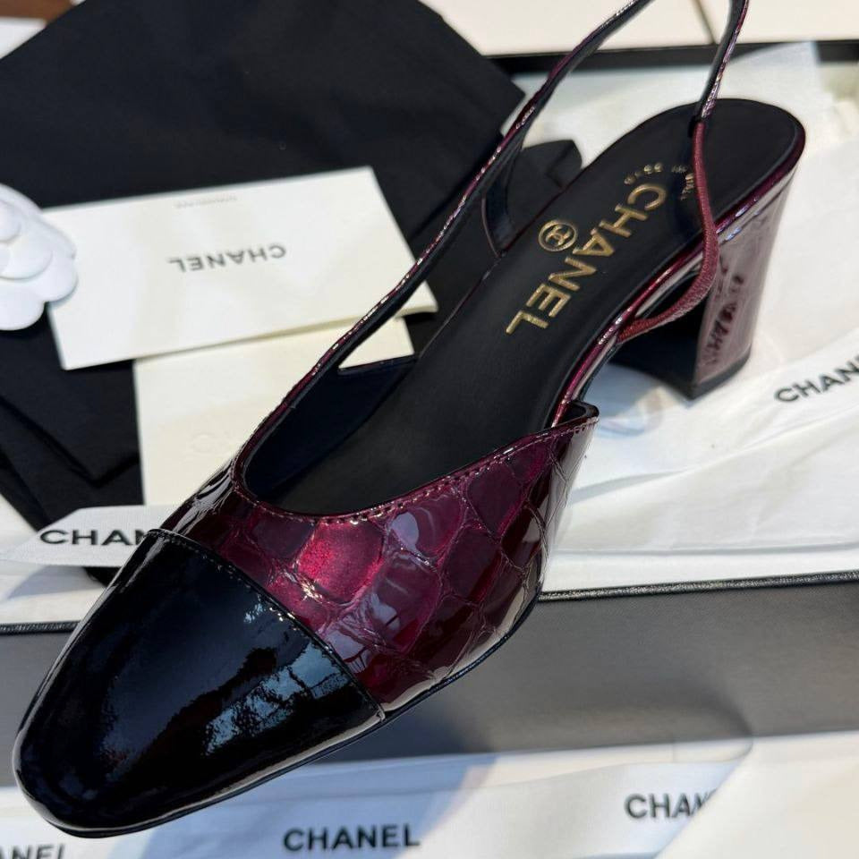 Chanel Crocodile-Embossed Slingback Heels – Dark Burgundy & Black