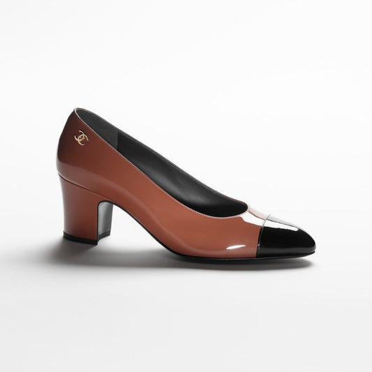 PUMPS LIGHT BROWN BLACK PATENT CALFSKIN - 35