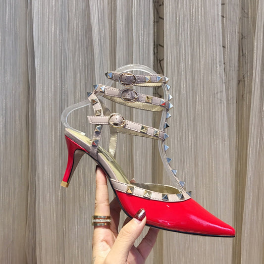 ROCKSTUD CAGED PUMP 65MM IN RUBY RED MIX LIGHT PINK PATENT CALFSKIN - 34