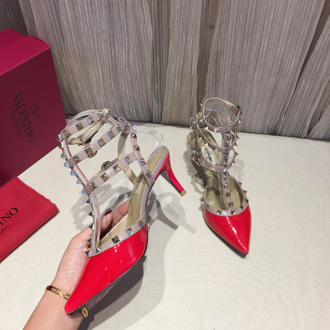 ROCKSTUD CAGED PUMP 65MM IN RUBY RED MIX LIGHT PINK PATENT CALFSKIN - 34