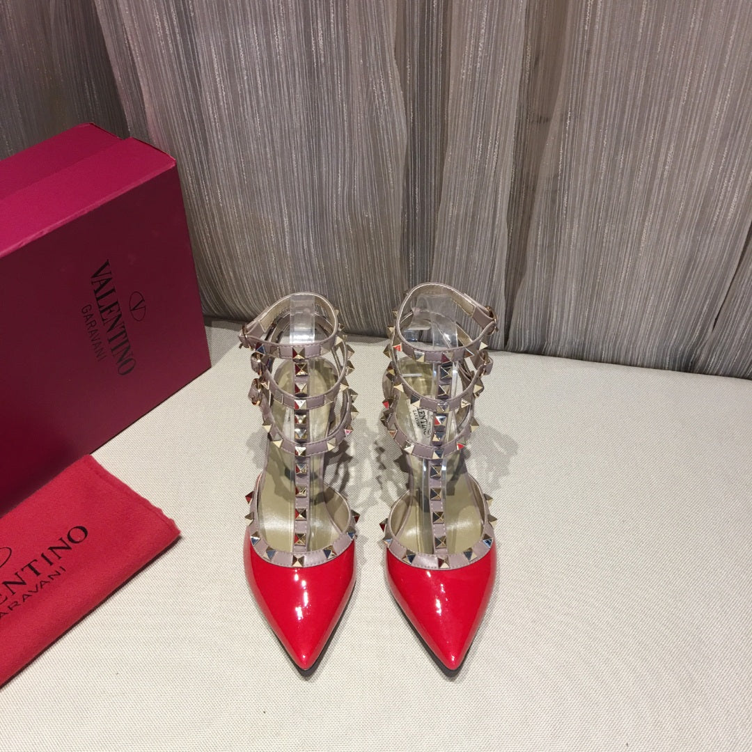 ROCKSTUD CAGED PUMP 65MM IN RUBY RED MIX LIGHT PINK PATENT CALFSKIN - 34