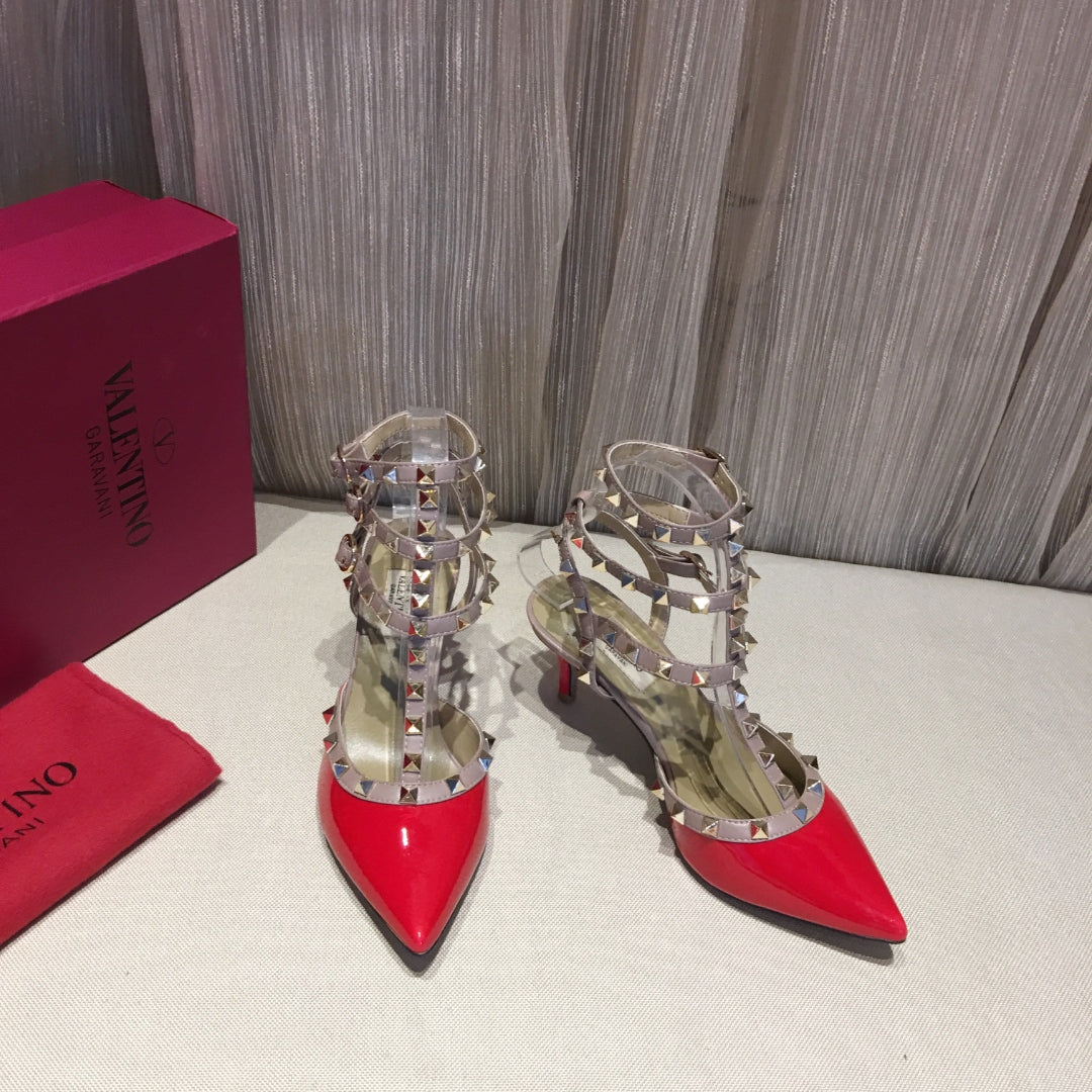 ROCKSTUD CAGED PUMP 65MM IN RUBY RED MIX LIGHT PINK PATENT CALFSKIN - 34