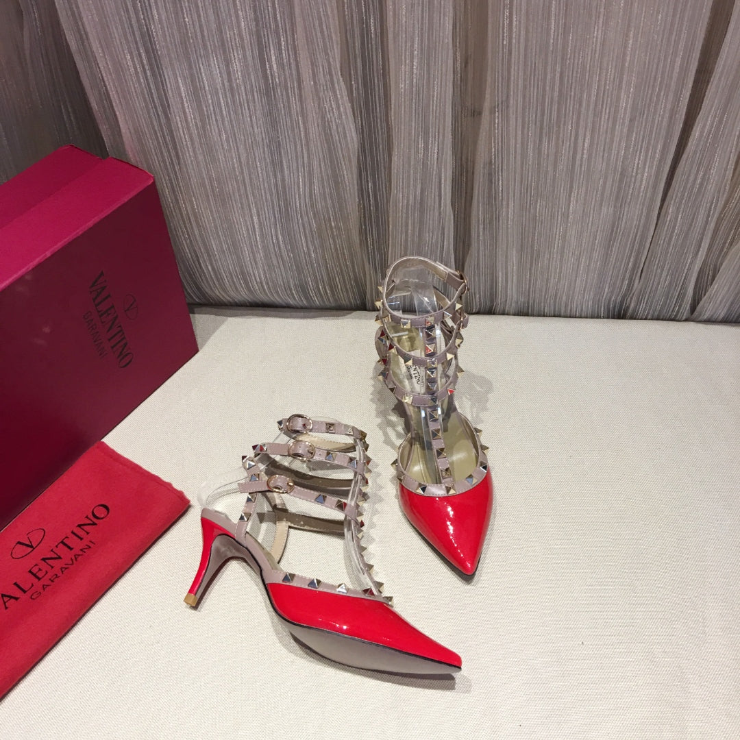 ROCKSTUD CAGED PUMP 65MM IN RUBY RED MIX LIGHT PINK PATENT CALFSKIN - 34